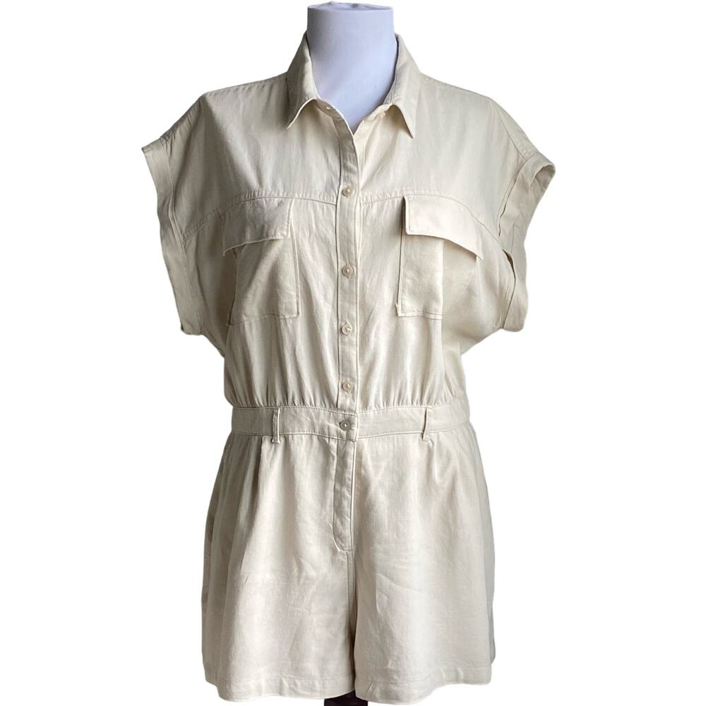 ABERCROMBIE & FITCH Linen Button Down Utility Romper Jumper w Pockets Size L
